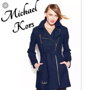 Michael Kors Navy Blue Asymmetrical Moto Style Zip Belted Trench Coat w/ Pockets